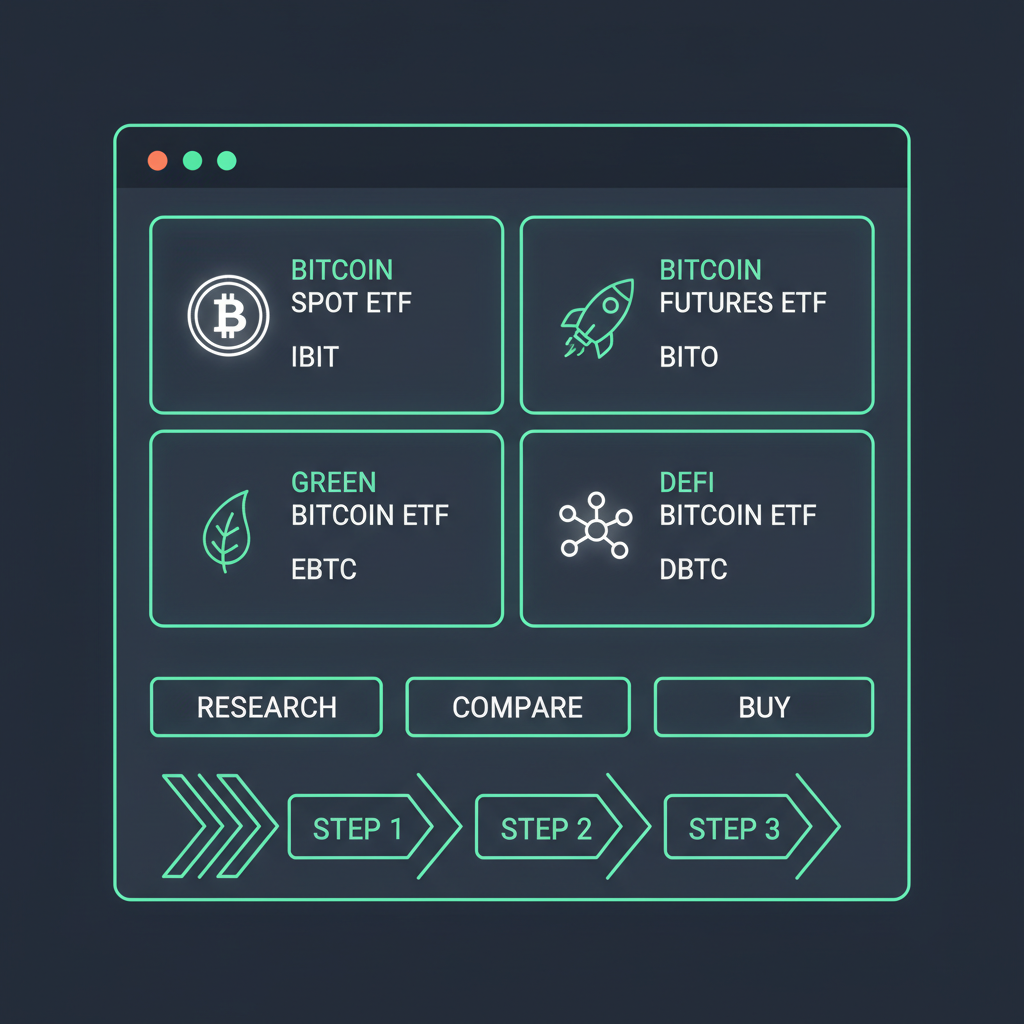 selection of bitcoin ETFs on digital dashboard, glowing green accents