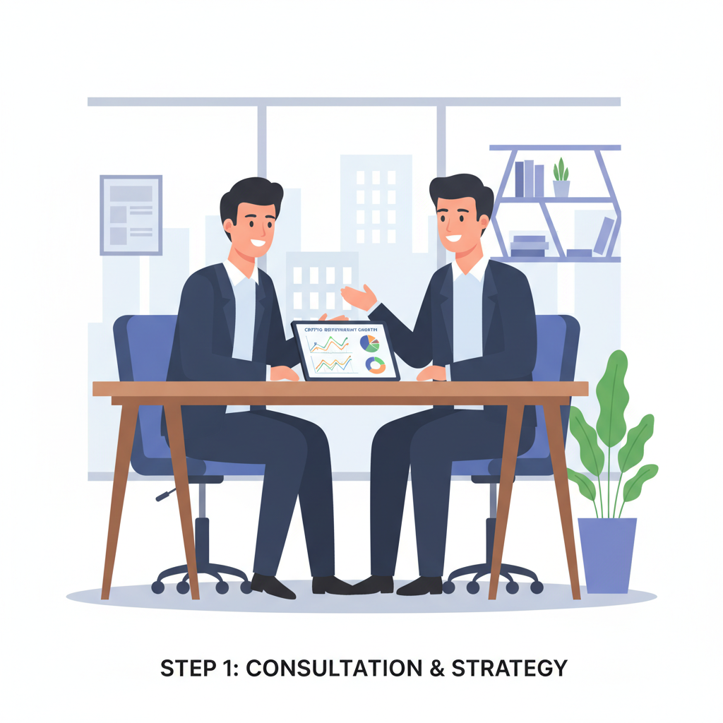 advisor meeting client over crypto retirement charts, professional office setting