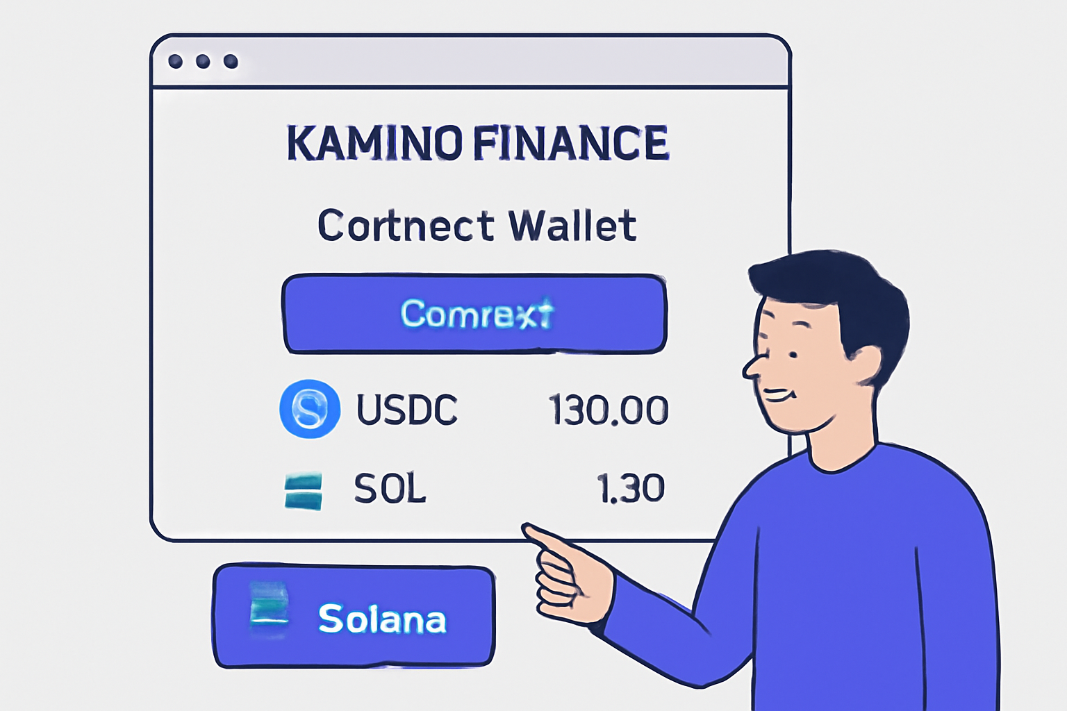 A user connecting their Solana wallet to the Kamino Finance web app interface, with USDC and SOL balances visible.