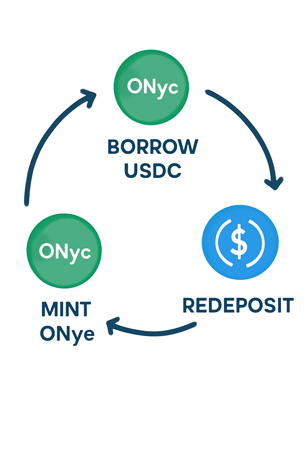A circular flow chart showing ONyc being used to borrow USDC, which is then redeposited to mint more ONyc, illustrating the looping process.