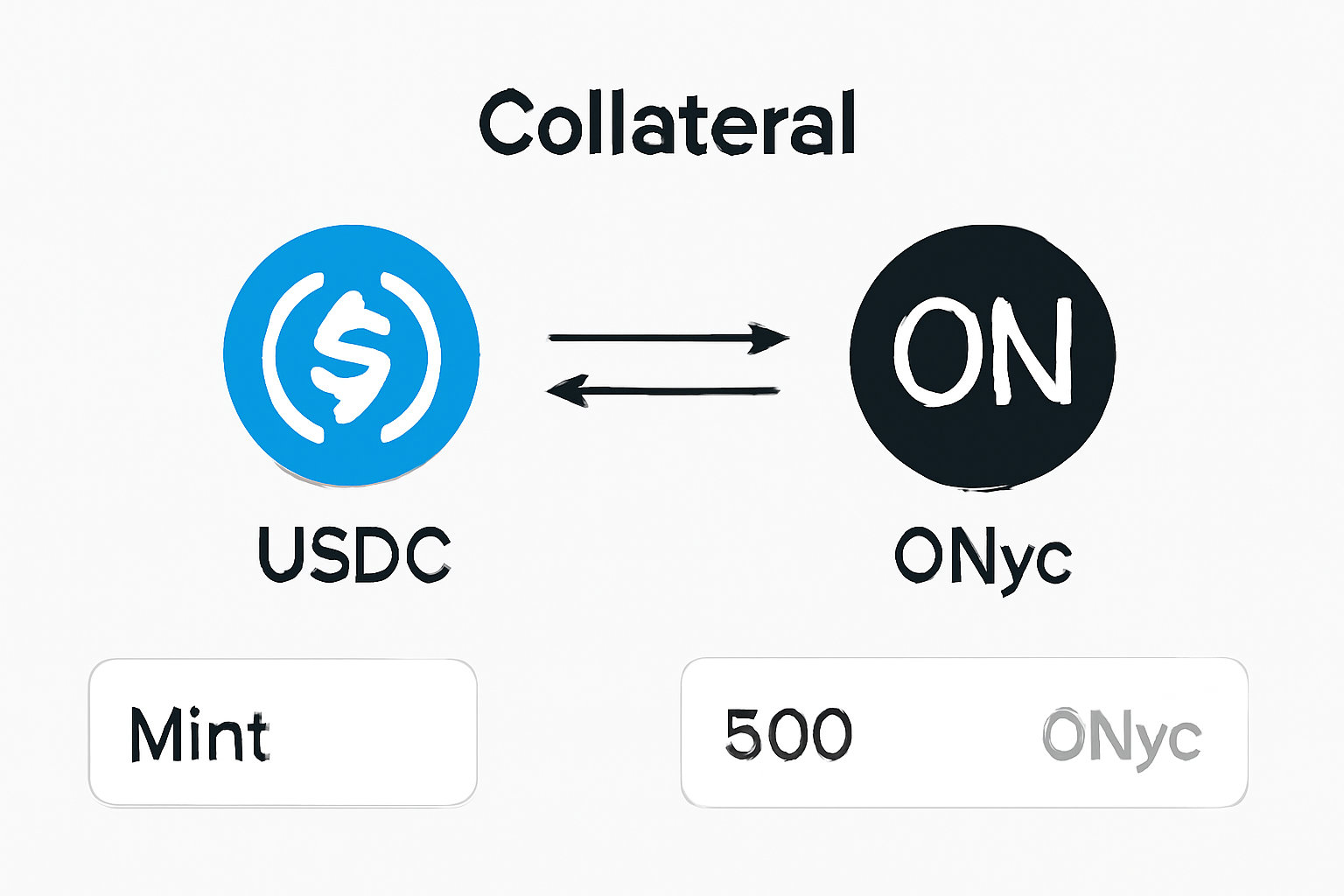 A digital interface where USDC is being used as collateral to mint ONyc tokens, with ONyc and USDC icons connected by arrows.