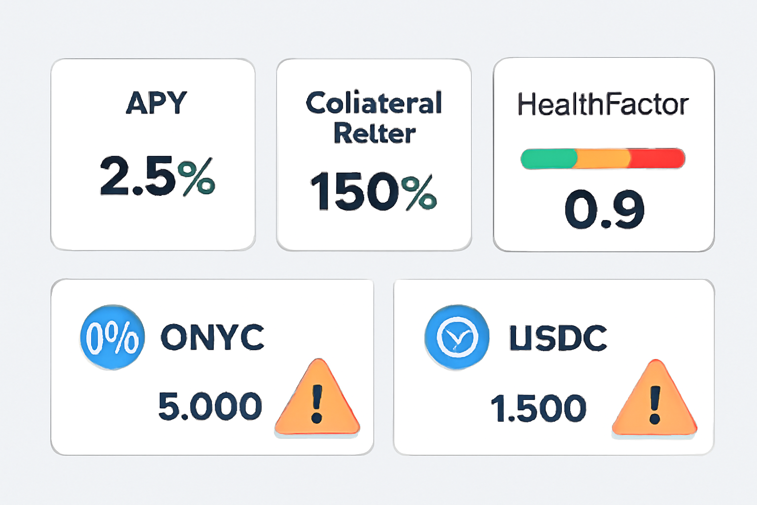 A dashboard view with APY, collateral ratio, and health factor indicators, showing ONyc and USDC balances and warning icons for risk management.