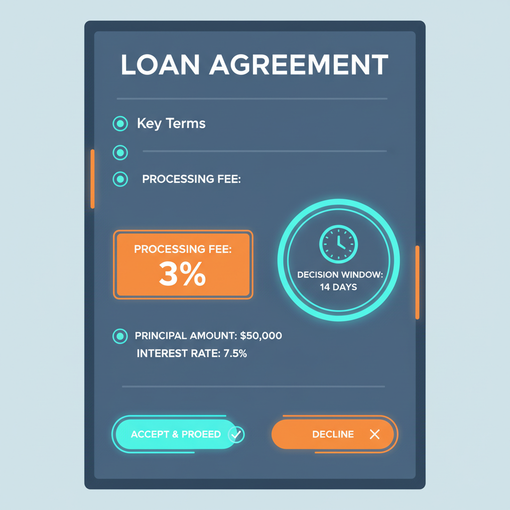 clean loan terms screen highlighting 3% fee and 14-day timer in futuristic UI