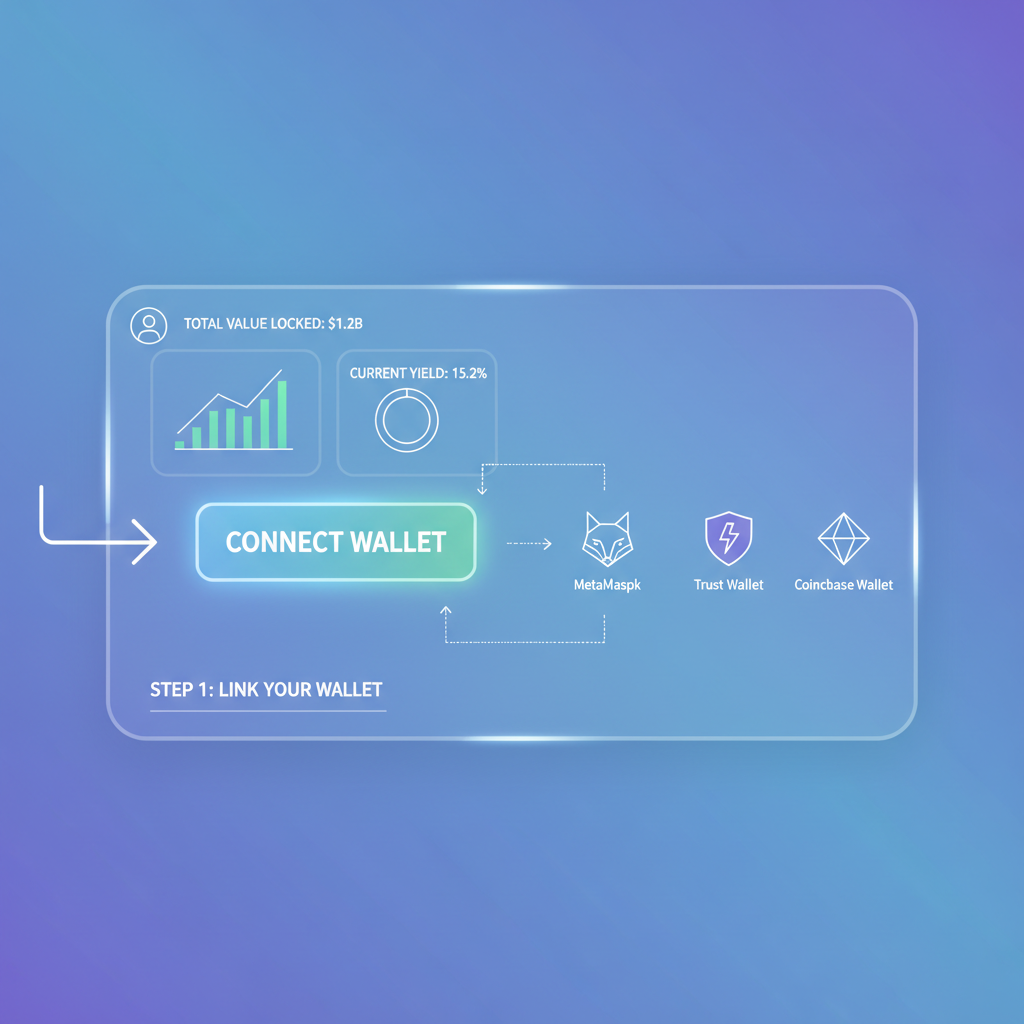 sleek DeFi dashboard with glowing connect wallet button and wallet icons