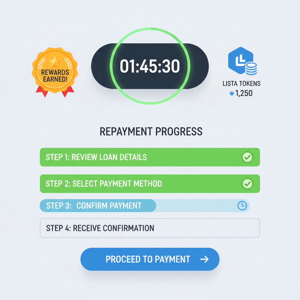 repayment dashboard with timer, rewards badge, and LISTA tokens icon