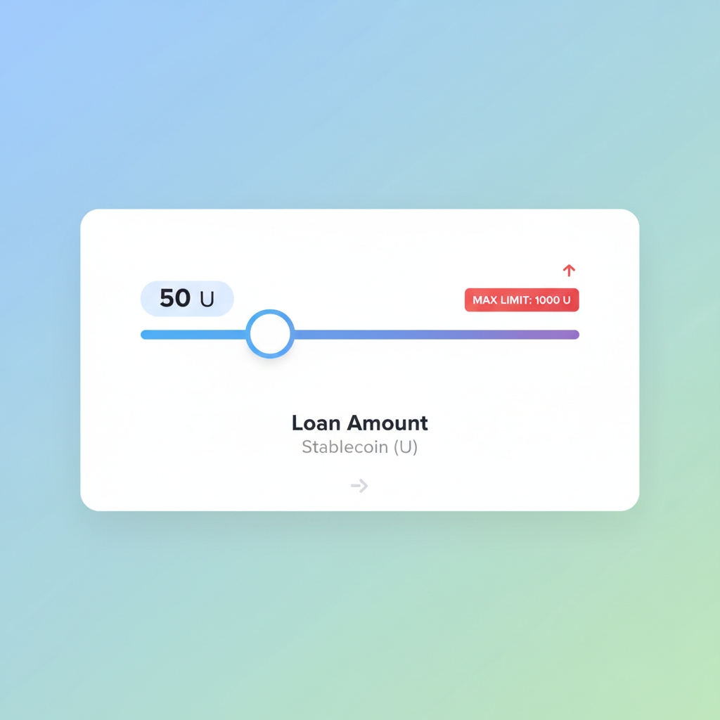 DeFi loan slider interface selecting 50 U stablecoin amount with max limit indicator