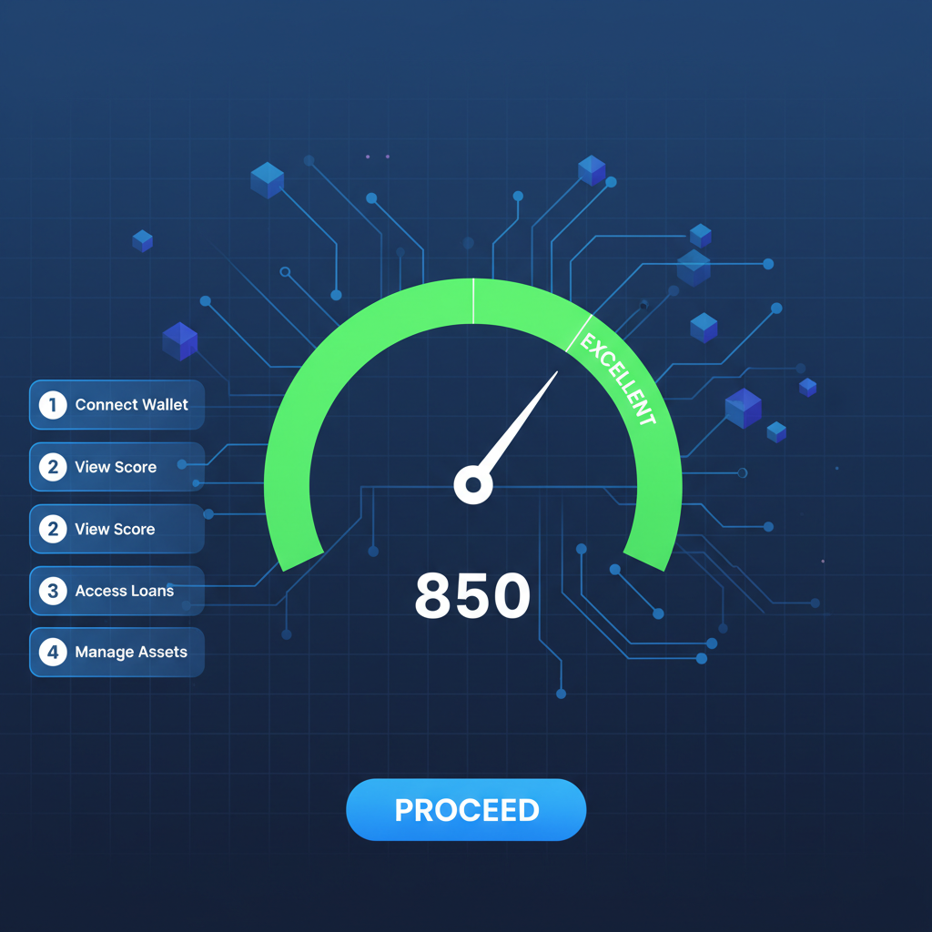 modern credit score gauge on DeFi interface showing high score with blockchain data visualizations