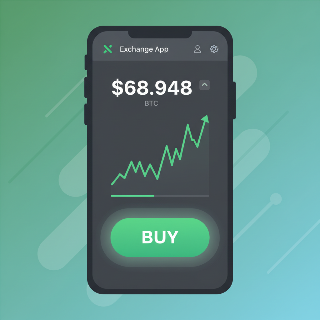 green buy button pressed on exchange app, bitcoin price at $68,948, chart showing dip recovery, dynamic action style