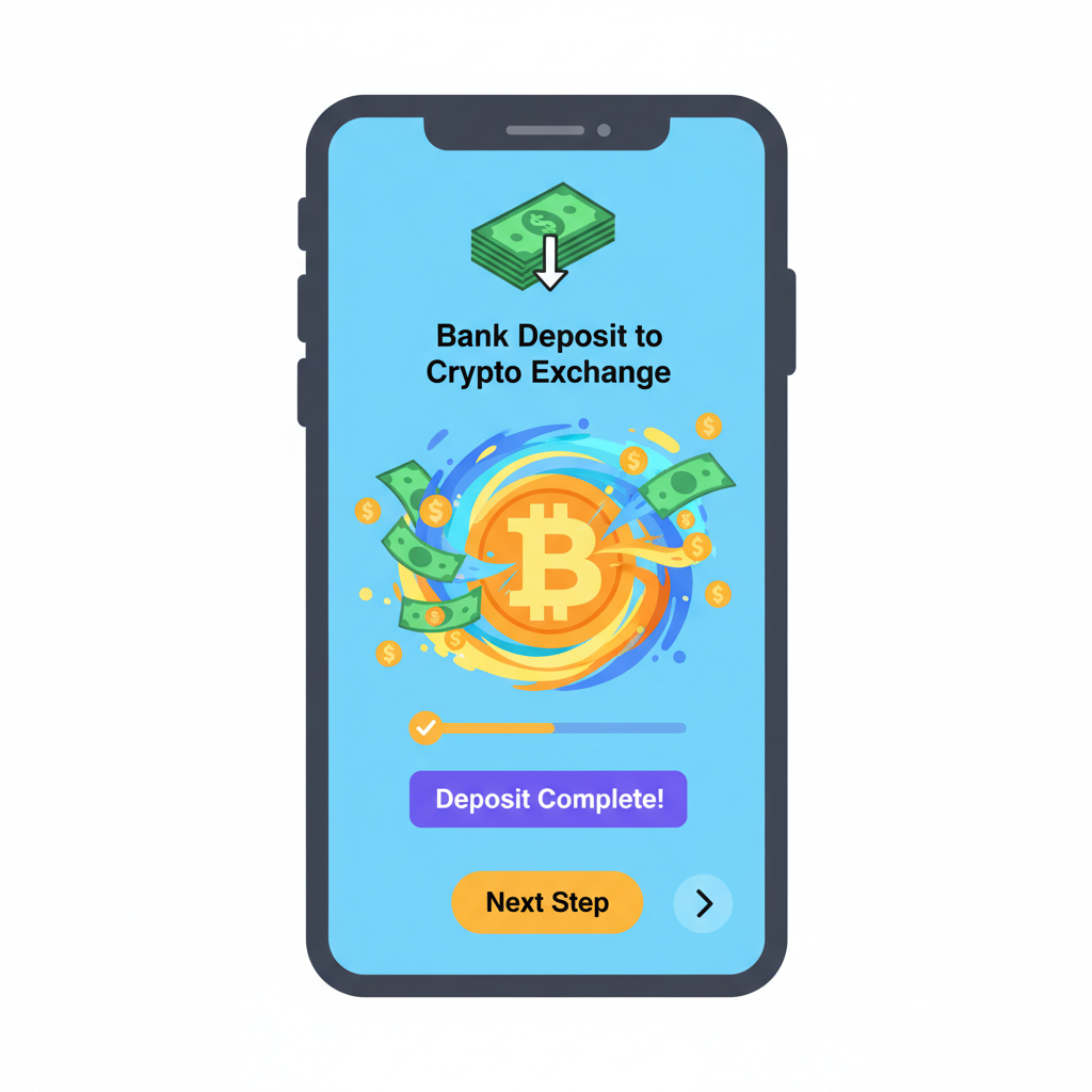smartphone screen showing bank deposit to crypto exchange, dollar bills flowing into bitcoin symbol, energetic colors