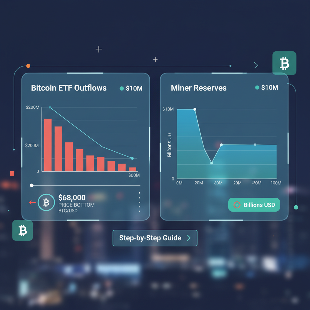 dashboard with bitcoin ETF outflow charts and miner reserves graph, price at $68k bottom, futuristic data viz