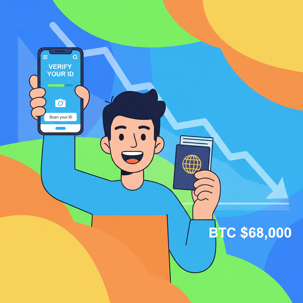 excited beginner verifying ID on Coinbase app, bitcoin price chart dipping to $68k in background, vibrant illustrative style