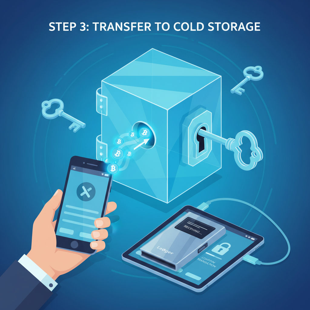 user transferring bitcoin from exchange to Ledger hardware wallet, secure vault and keys visual, cool blue tones