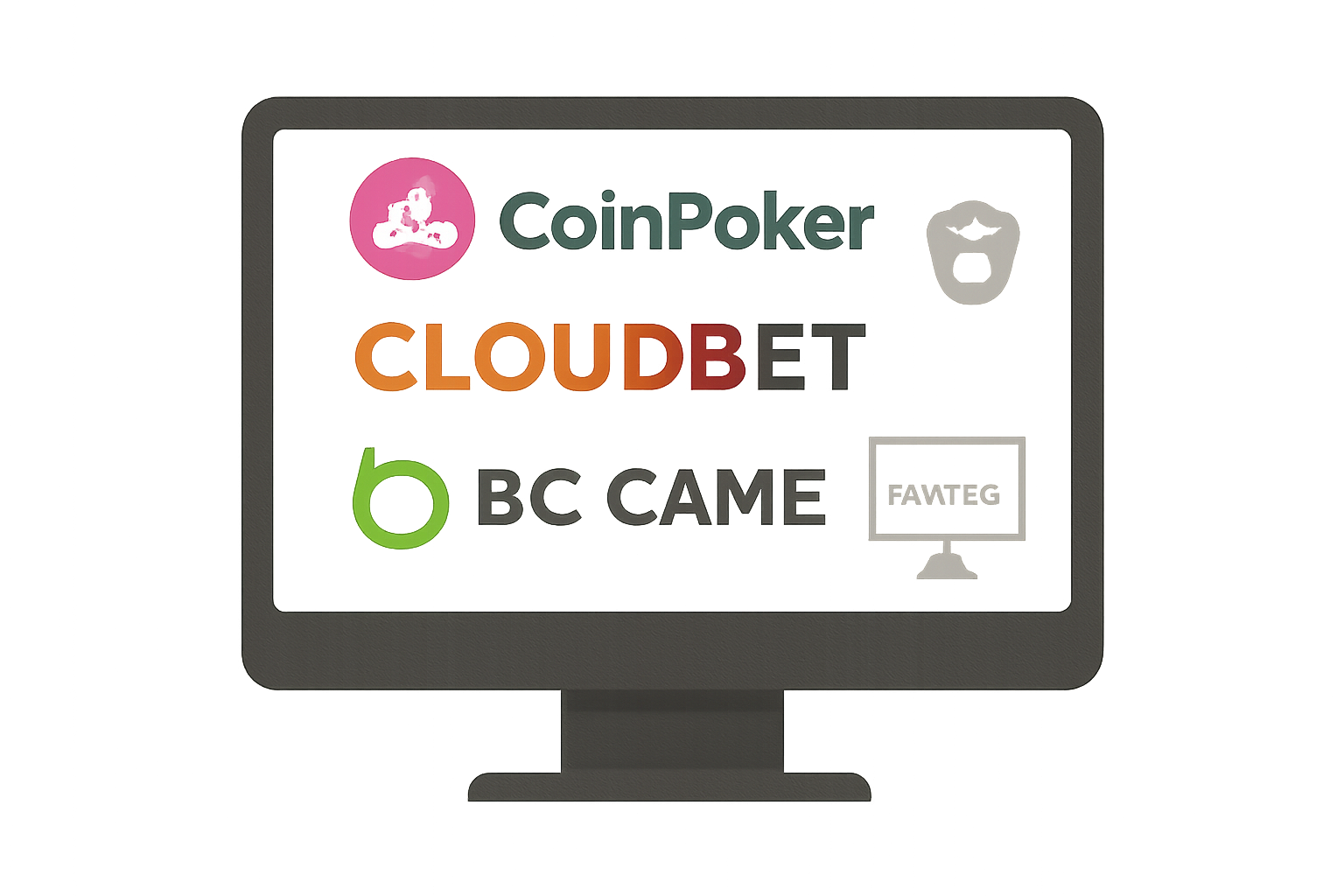 A computer screen displaying logos of CoinPoker, Cloudbet, and BC.Game, with esports icons and a shield symbol for security.