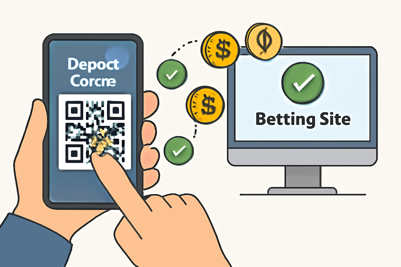 A hand holding a phone, scanning a QR code to deposit crypto, with confirmation checkmarks and digital coins moving to a betting site.