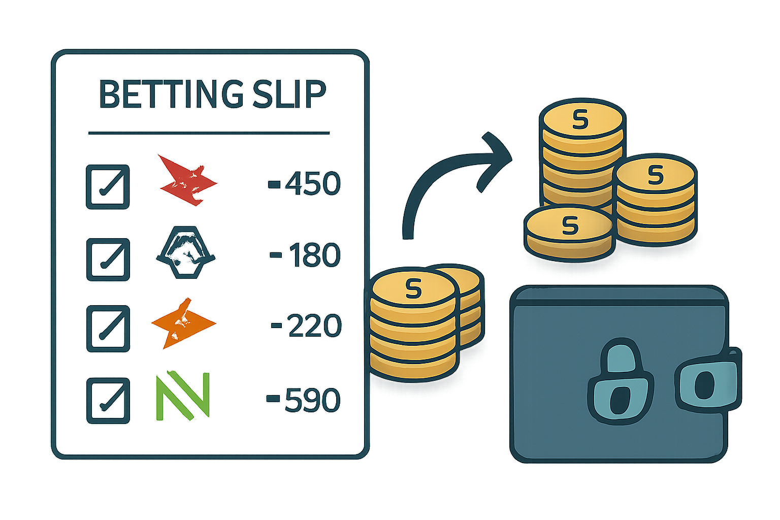 A betting slip with esports team logos, digital coins stacking up, and a withdrawal arrow pointing to a secure wallet.