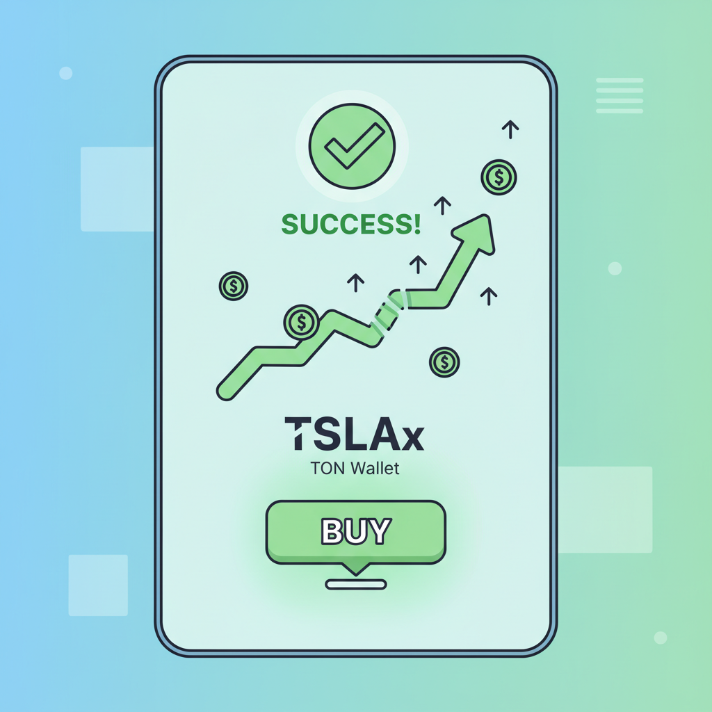 Buy button pressed on TSLAx in TON Wallet, success animation with rising chart