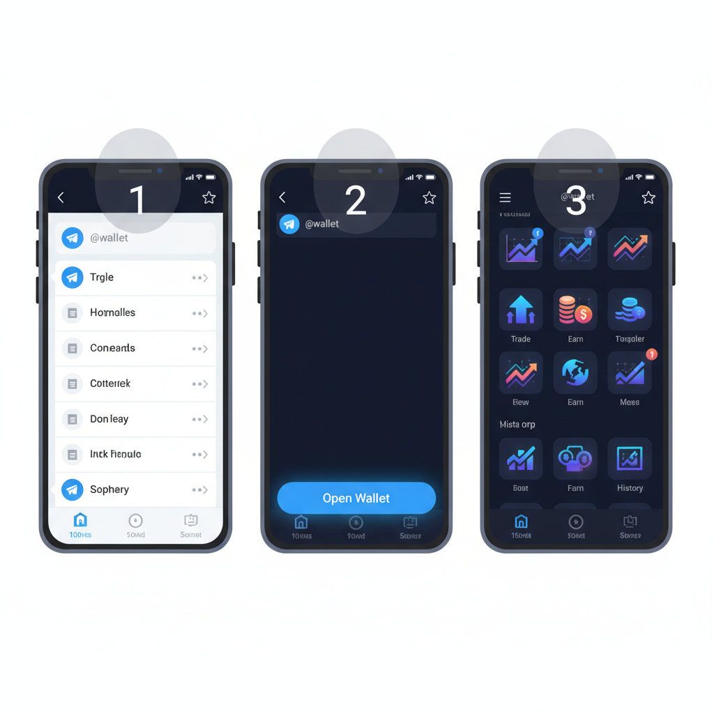 Telegram app screen opening @wallet mini-app, vibrant futuristic interface, trading icons glowing