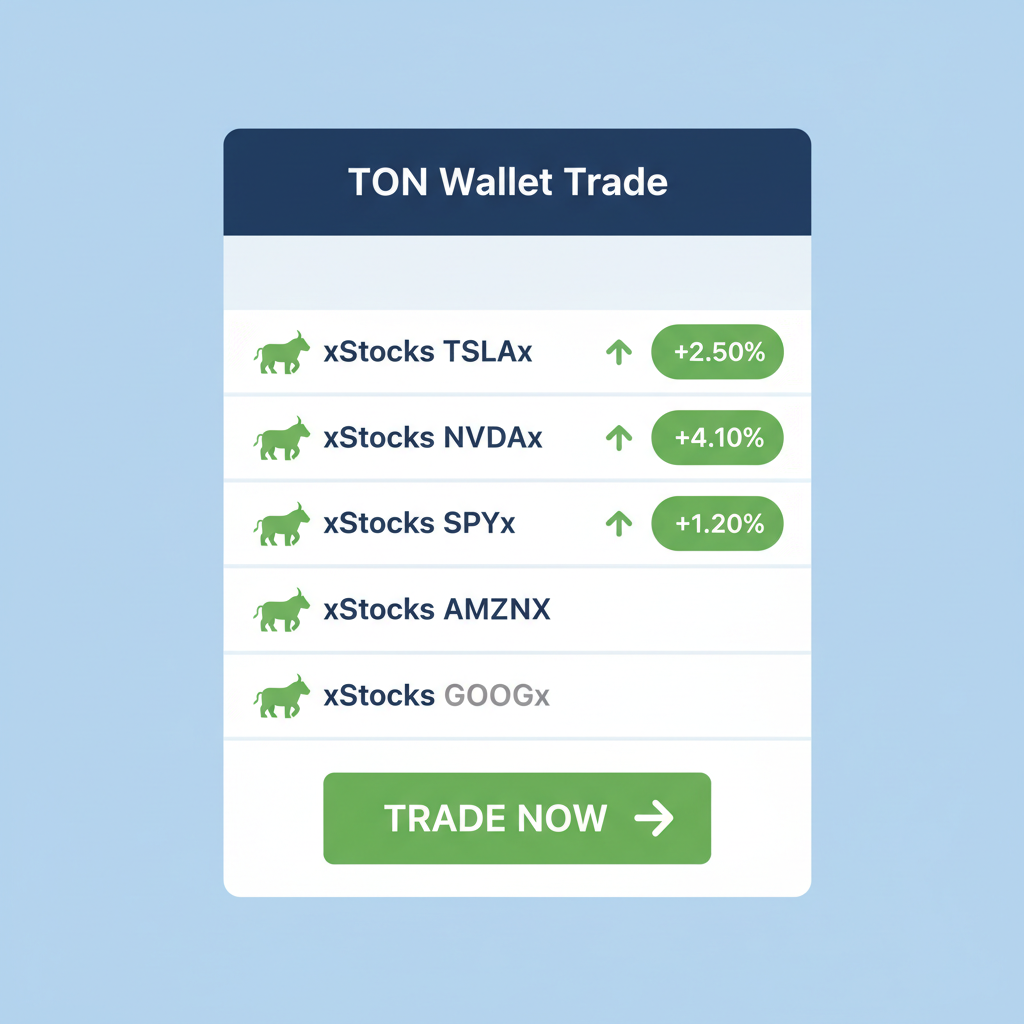 TON Wallet Trade screen listing xStocks TSLAx NVDAx SPYx selected, bullish green highlights