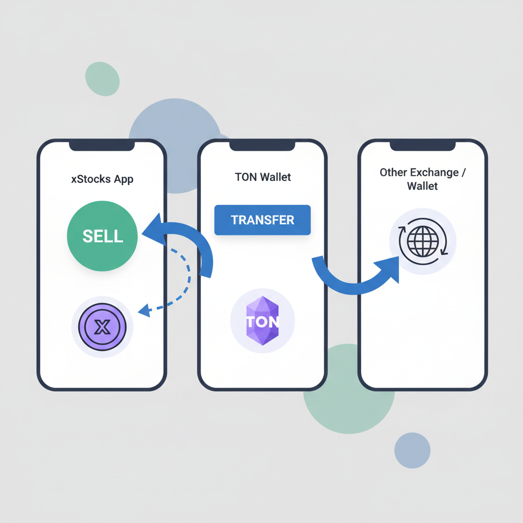 TON Wallet sell and transfer buttons for xStocks, arrows showing movement across apps