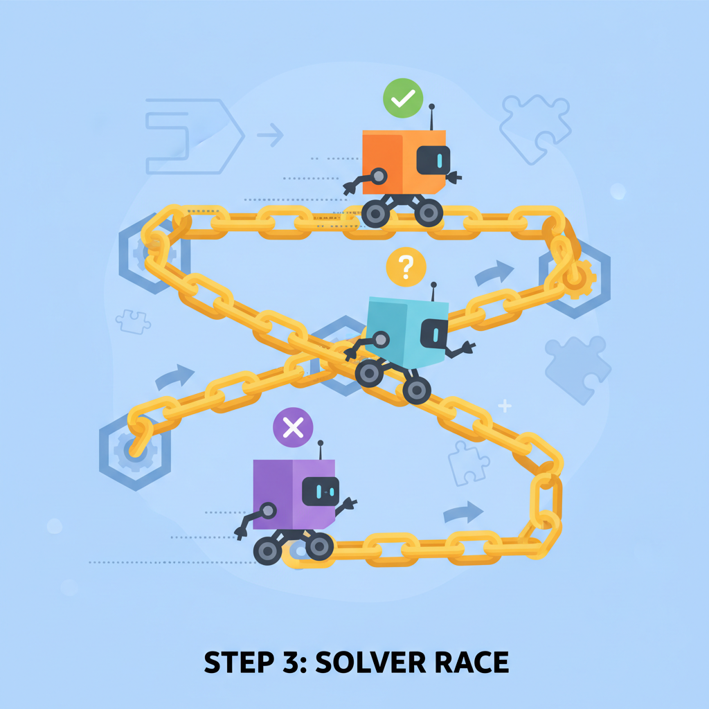 competing solver bots racing on interconnected chain pathways