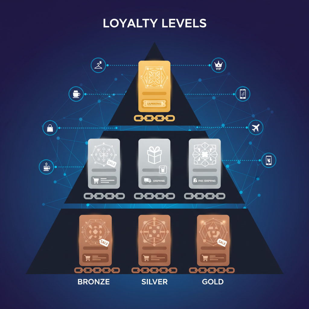 tiered loyalty pyramid with NFT cards glowing bronze silver gold, retail perks icons, blockchain chain links, vibrant digital art