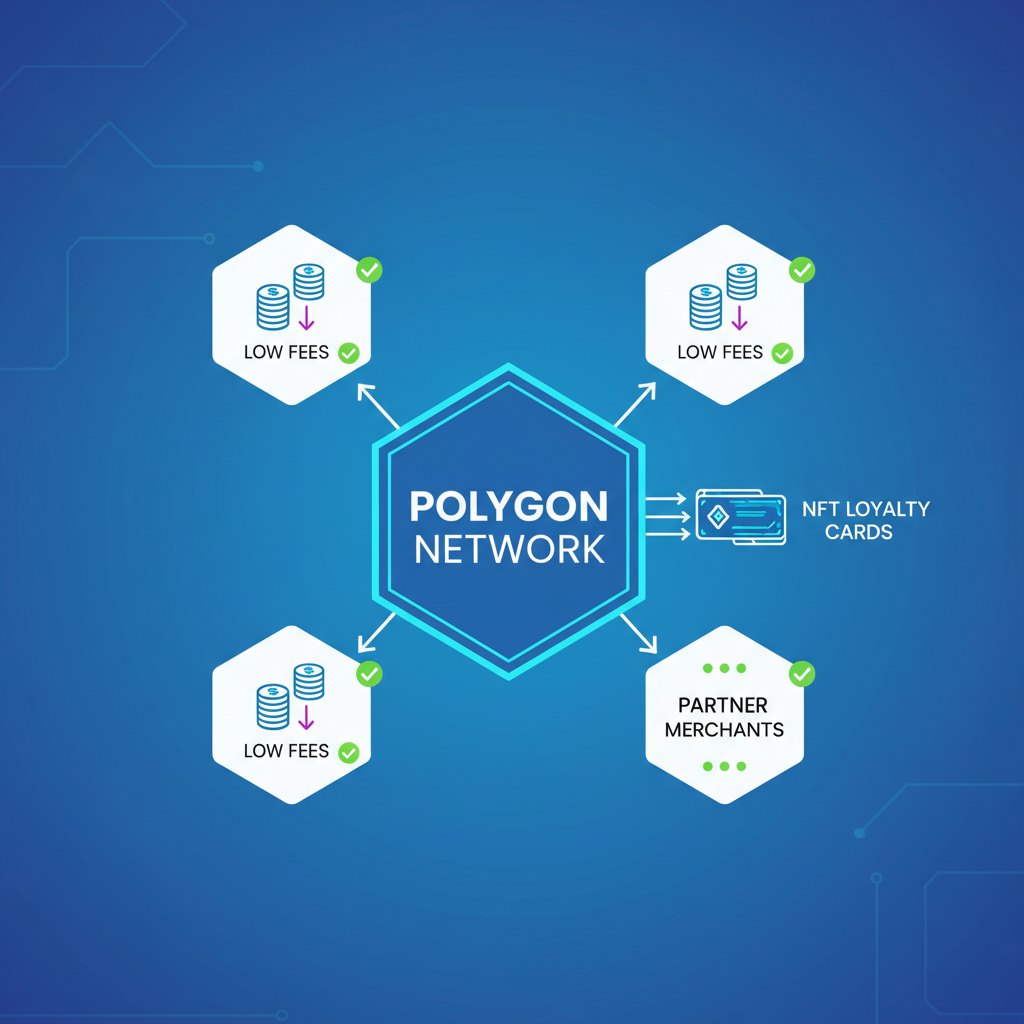 Polygon blockchain network diagram with low fee icons, NFT loyalty cards flowing, green checkmarks, futuristic tech style