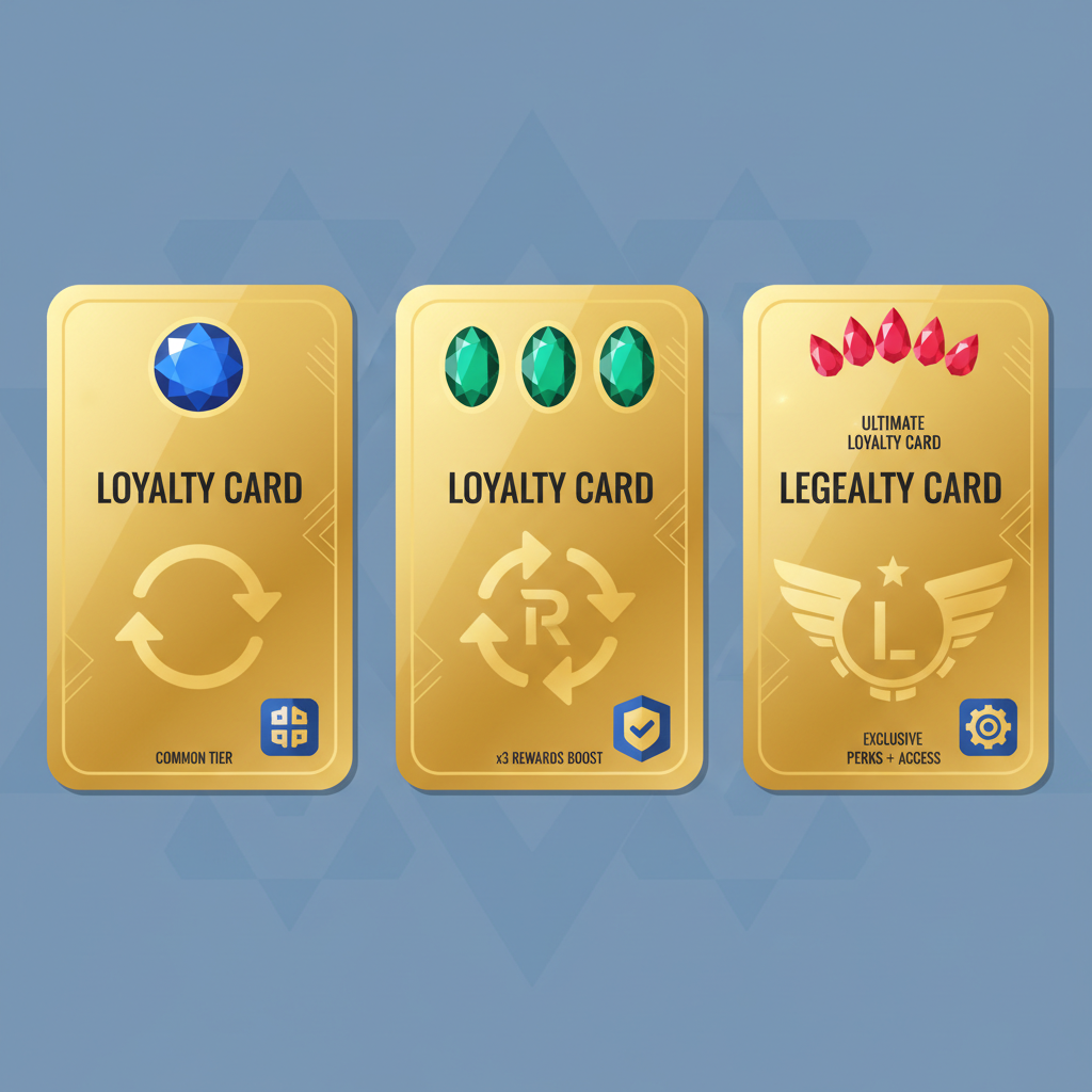 sleek tradable NFT loyalty card designs in gold foil, rarity gems, trade arrows, blockchain verification badge, high-detail digital collectible