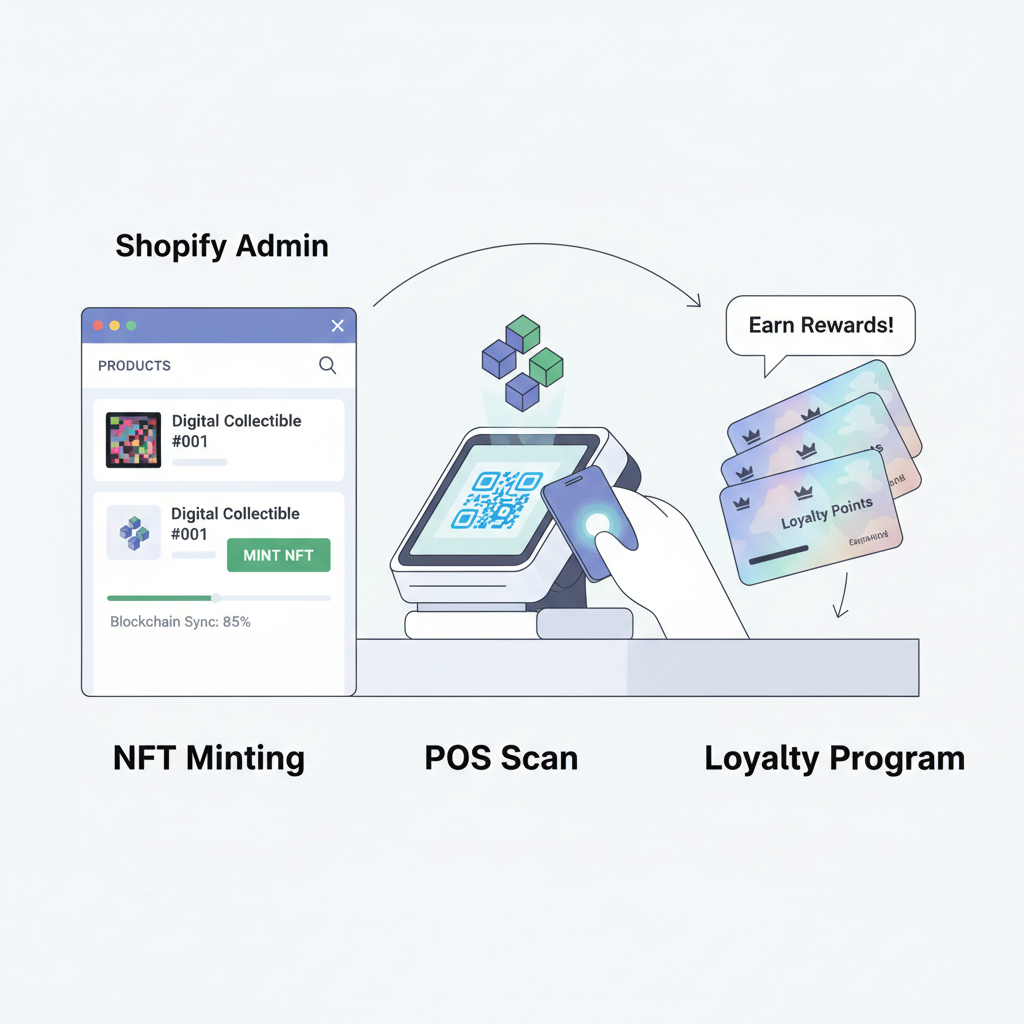 Shopify dashboard integrating NFT minting, POS terminal scanning QR to blockchain, loyalty cards popping up, clean UI visualization