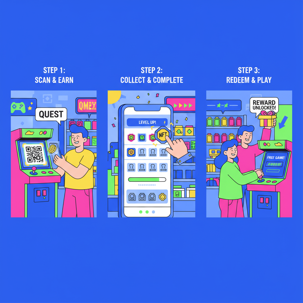 gamified NFT loyalty app with quests badges stamps collecting, arcade-style retail scene, excited customers scanning QR, colorful dynamic