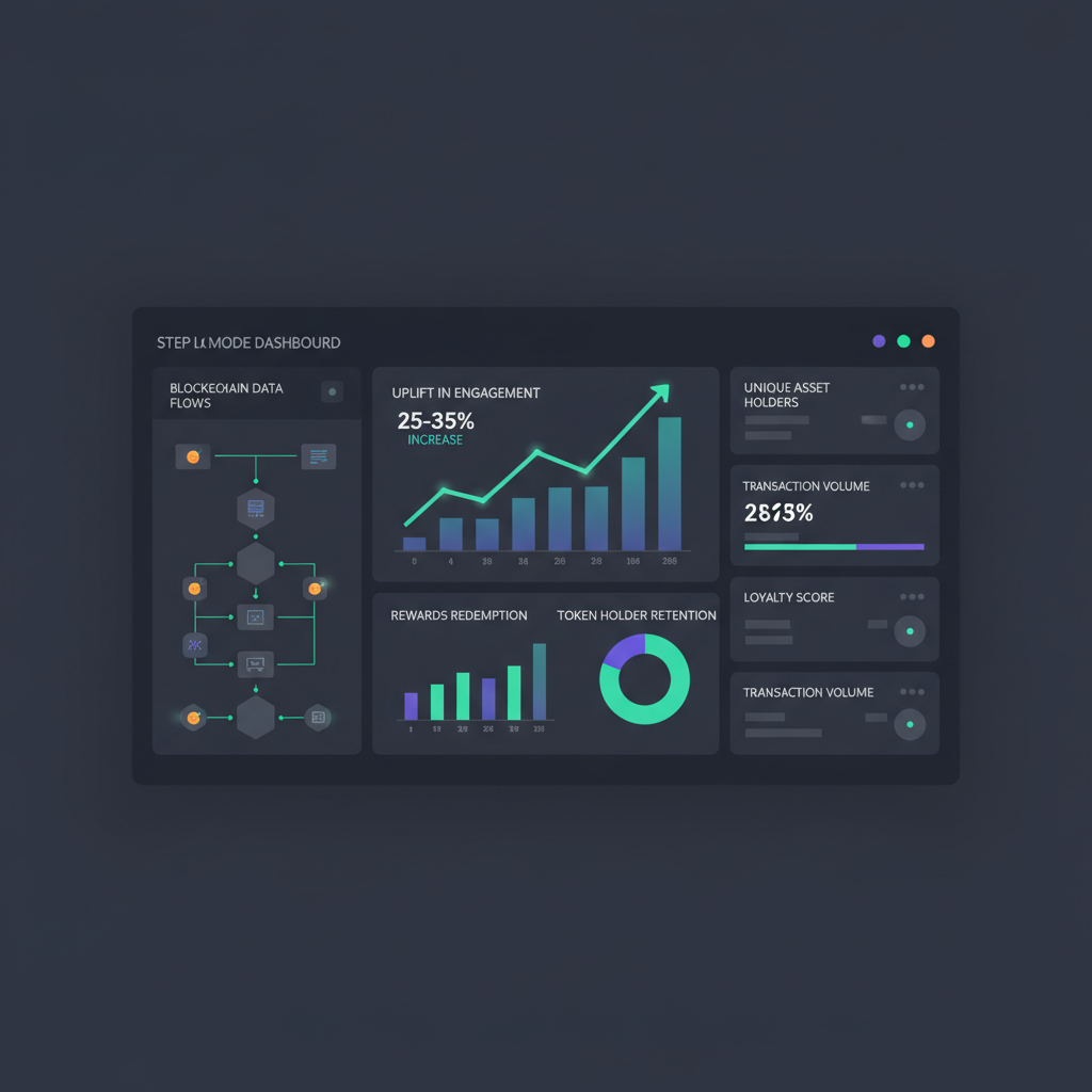 analytics dashboard with NFT loyalty metrics graphs, rising charts 25-35% uplift, blockchain data flows, professional dark mode viz