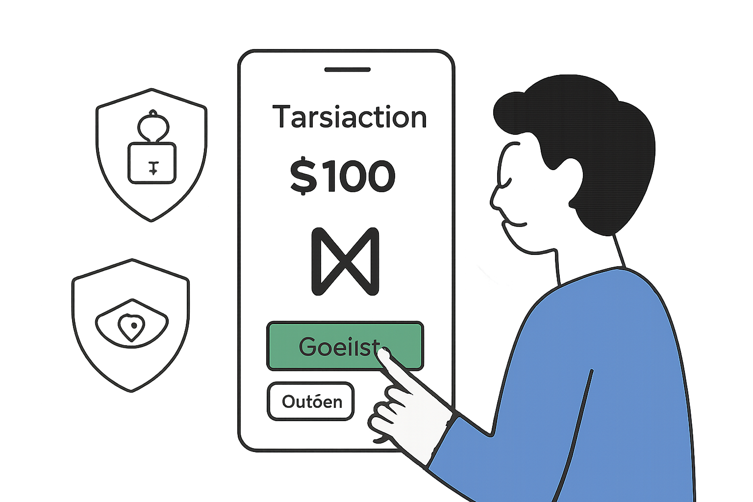 A user confirming a transaction on a wallet app, with privacy shield icons, NEAR protocol logo, and confirmation buttons.