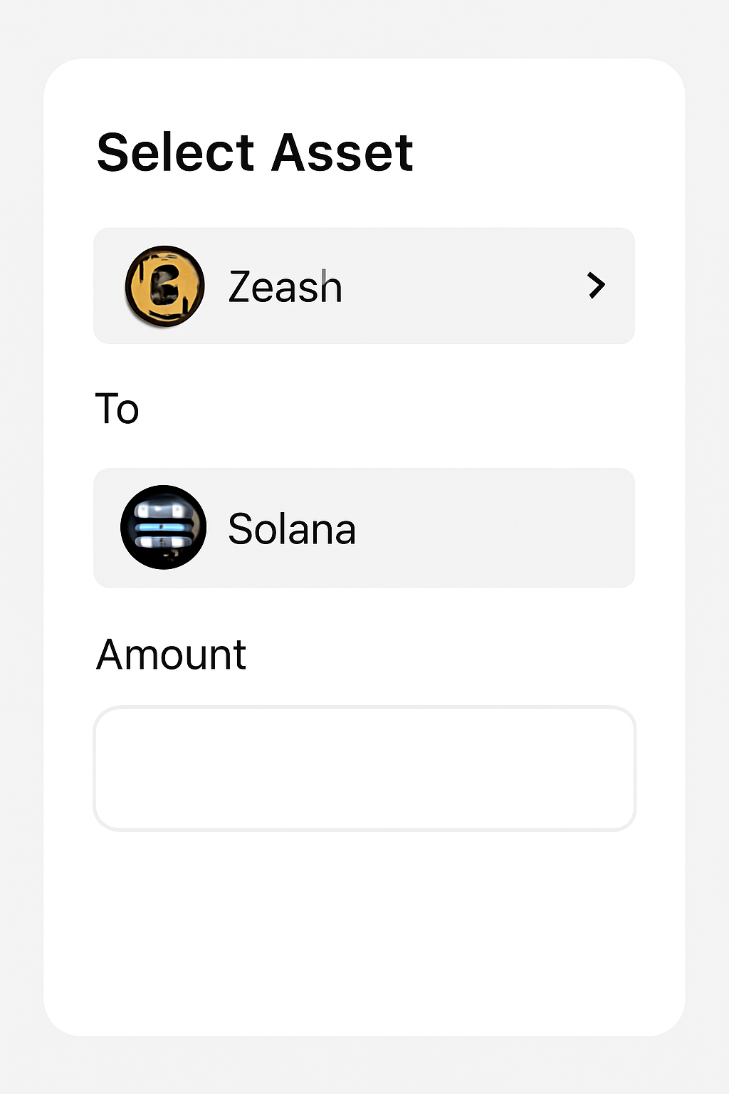 A digital dashboard showing asset selection with Zcash highlighted, Solana as the destination, and an input field for amount, with both blockchain logos present.