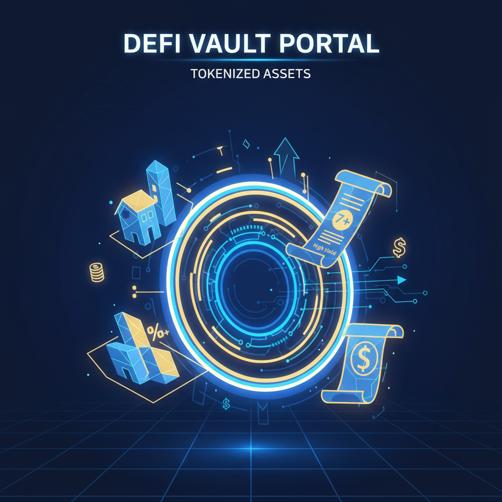 /conceptual art of glowing tokenized real estate and bonds floating into a DeFi vault portal, futuristic neon blues and golds, high yield symbols
