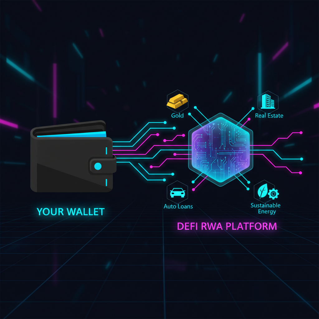 sleek wallet icon connecting to a shimmering DeFi dashboard with RWA icons, cyberpunk style, vibrant connections