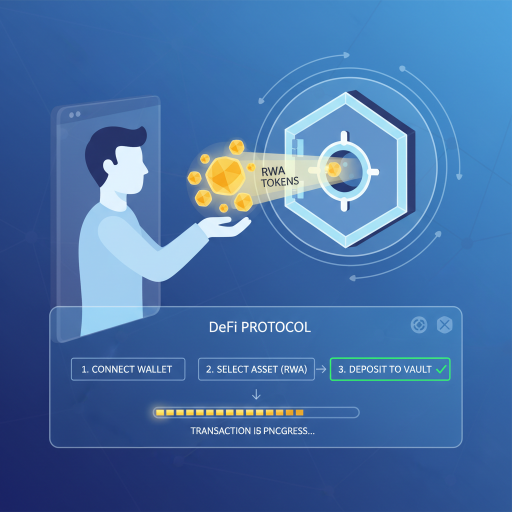user depositing golden RWA tokens into a secure glowing vault, streams of light, DeFi interface overlay