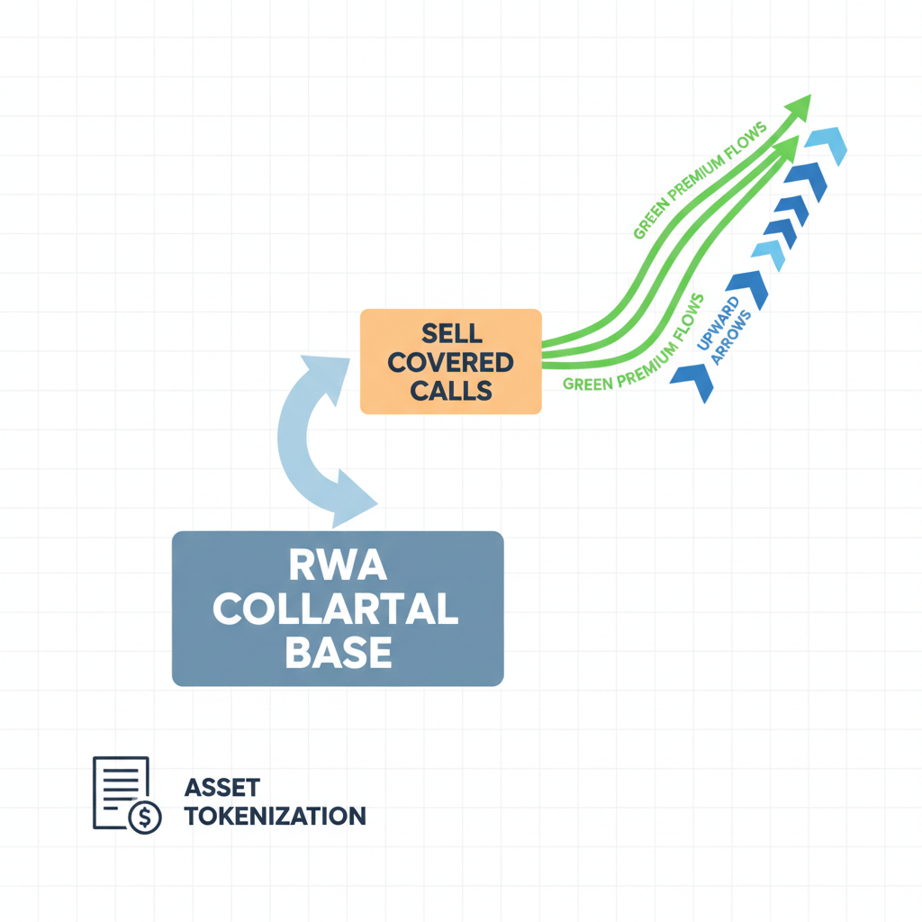 dynamic chart of selling covered calls, upward arrows, RWA collateral base, green premium flows