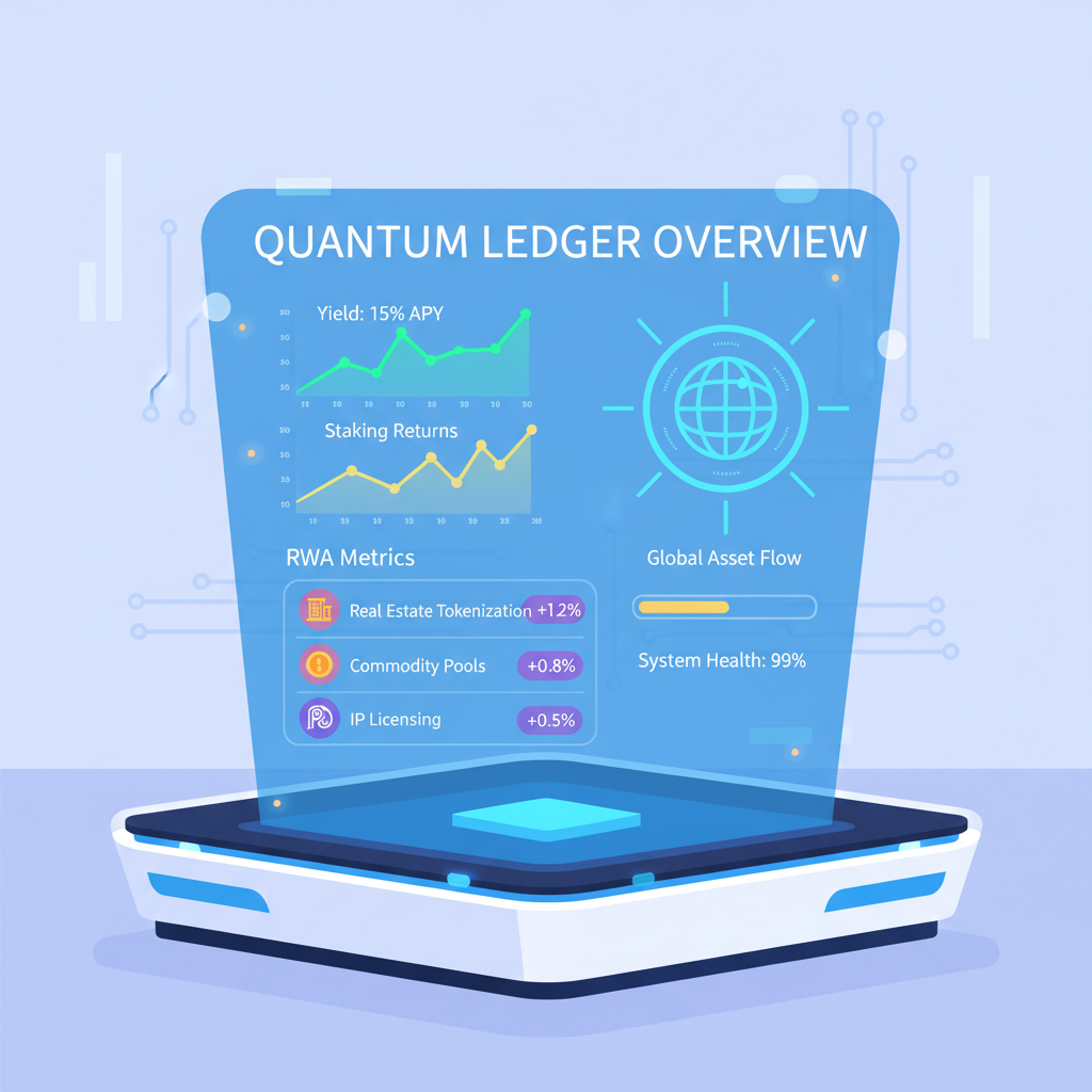 futuristic monitoring dashboard with yield graphs, RWA metrics pulsing, holographic display