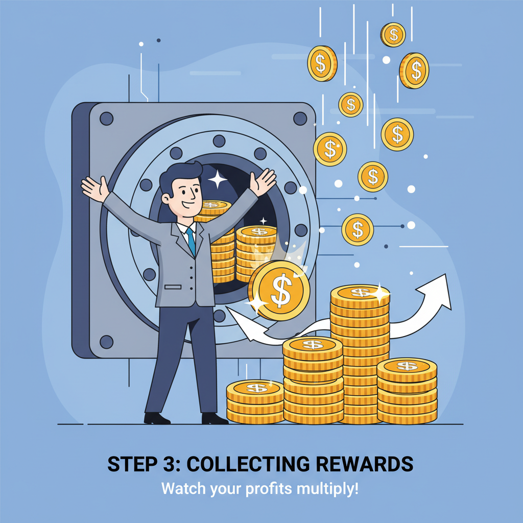 user withdrawing stacks of glowing profit coins from vault, money raining effect, triumphant pose