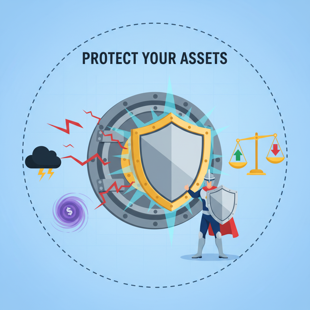 shield protecting vault from risk icons like cracks and storms, balanced scales, heroic defender