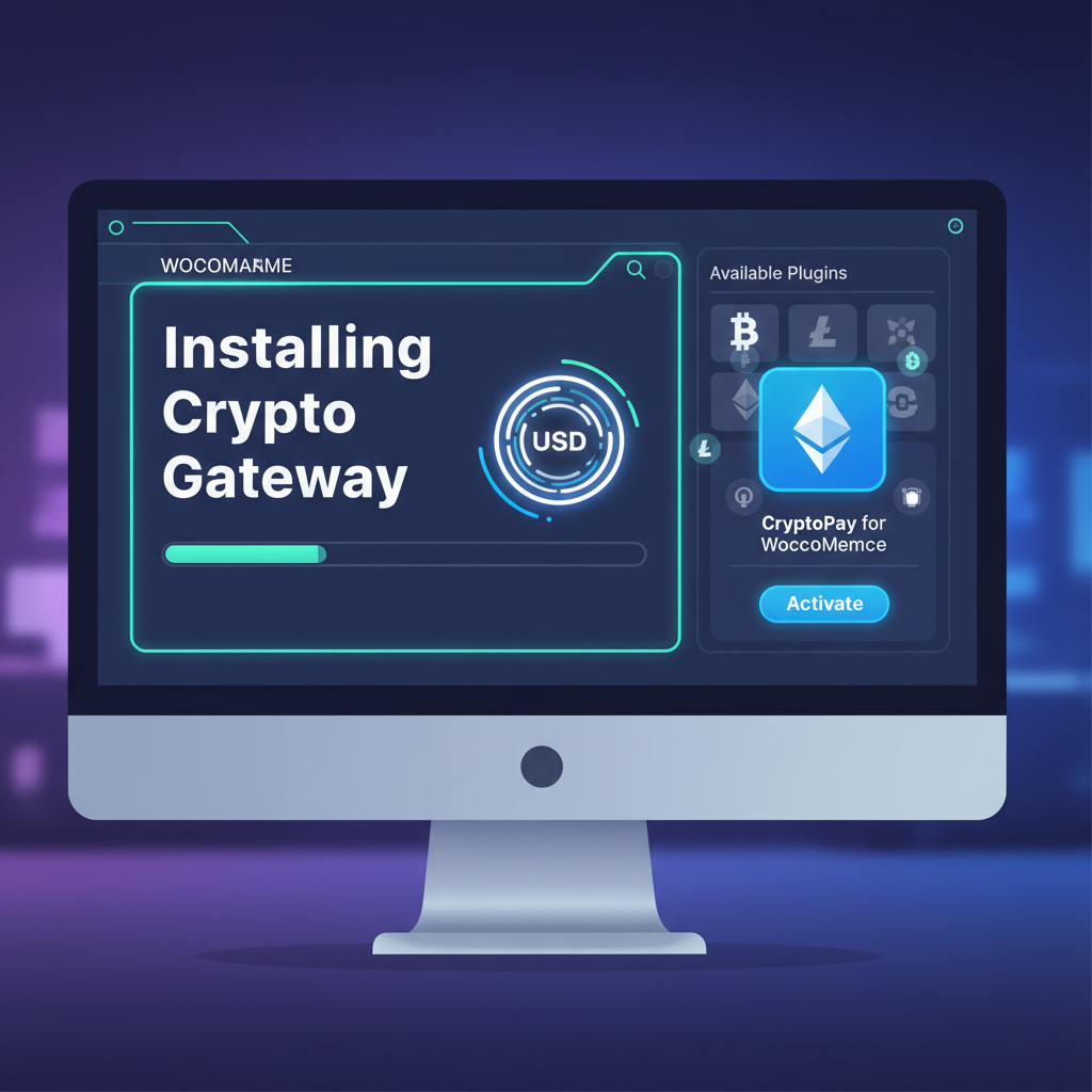 WooCommerce dashboard installing crypto plugin, glowing USDC icons, futuristic neon interface