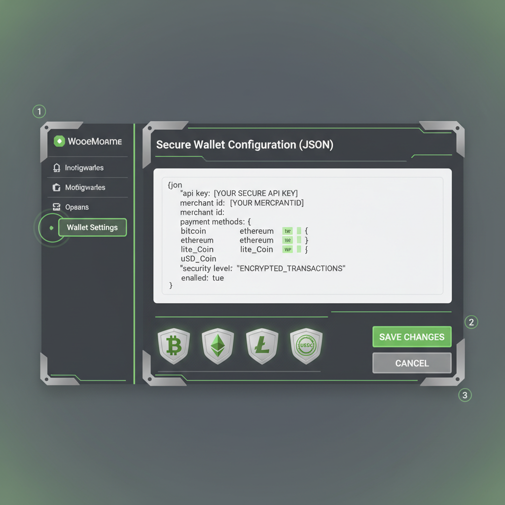 JSON config panel in WooCommerce, secure wallet icons, metallic armored interface glowing green