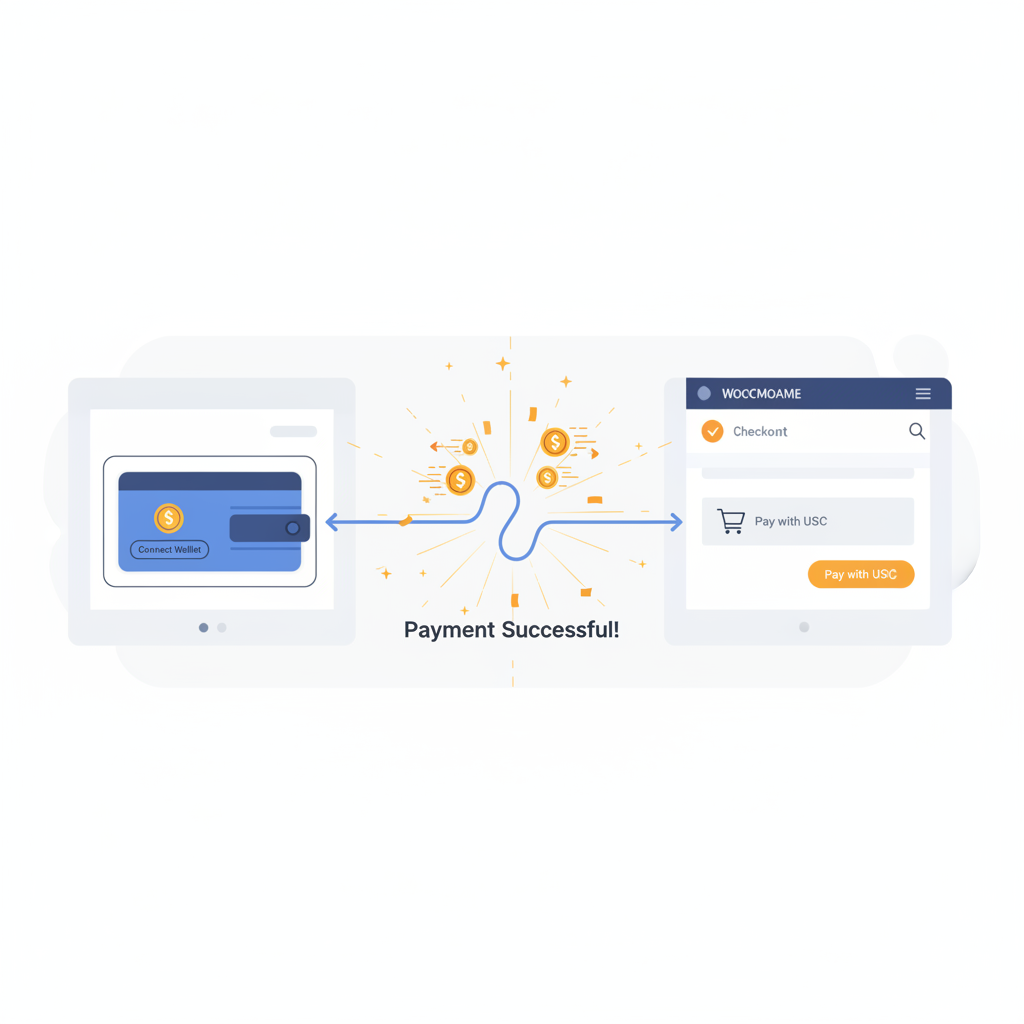 Wallet connecting to WooCommerce checkout, USDC transaction animating, explosive success sparks