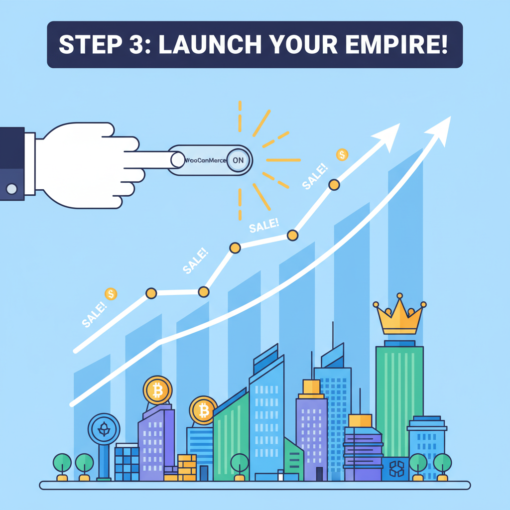 WooCommerce live switch flipping, sales graphs exploding upward, triumphant crypto empire skyline