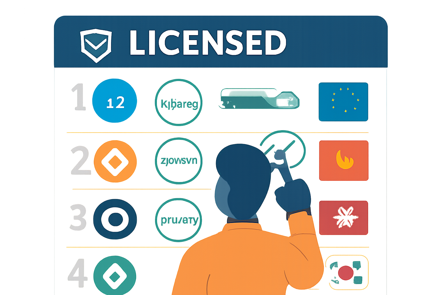 A user comparing licensed crypto exchange logos on a secure digital dashboard, with official approval stamps and regional flags (EU, Vietnam, Hong Kong, South Korea), clean and trustworthy.