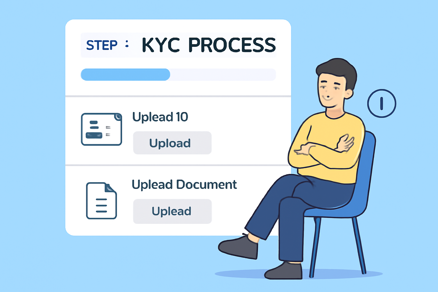 A digital interface showing a step-by-step KYC process with document uploads, progress bars, and verification checks, with a user patiently waiting.