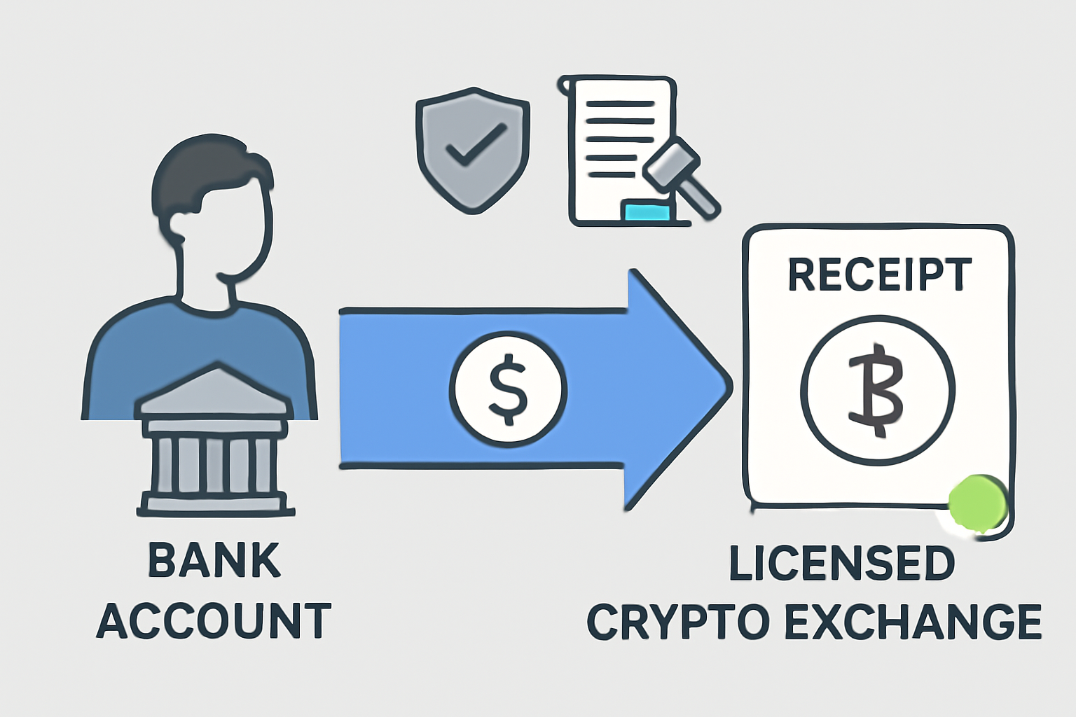 A user transferring money from a bank account to a licensed crypto exchange, with clear legal and security icons, and a digital receipt confirmation.
