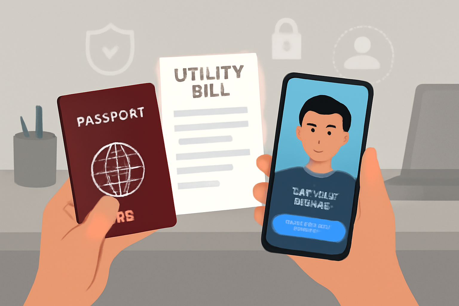 A close-up of hands holding a passport, utility bill, and smartphone with a selfie verification screen, on a modern desk with digital security icons.