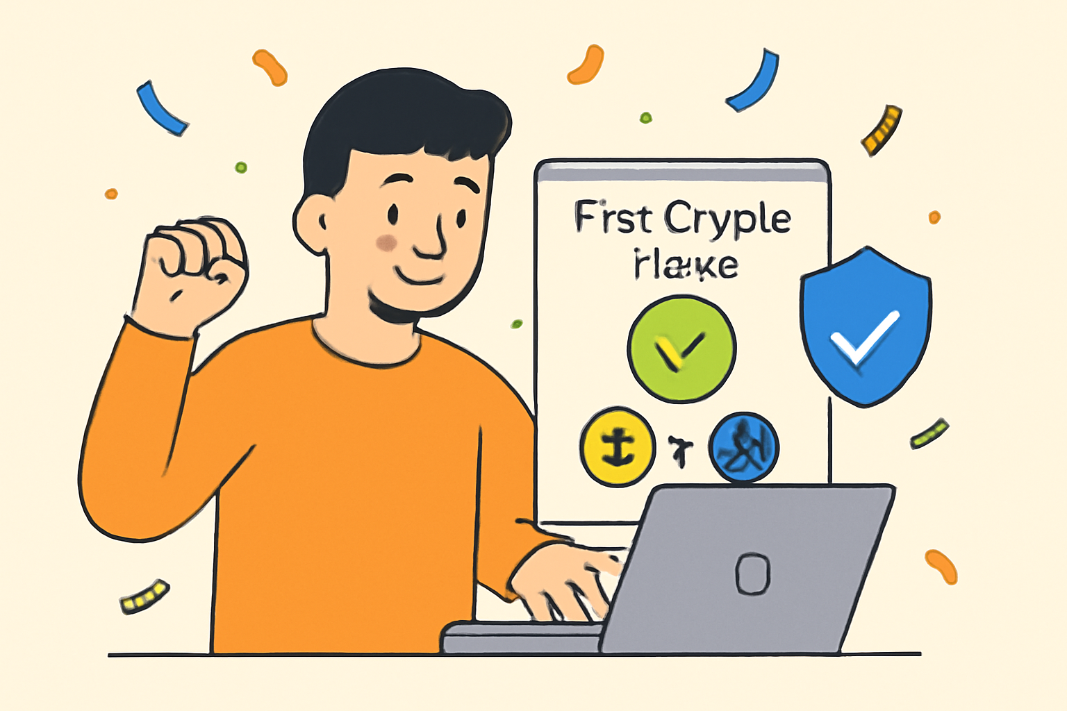 A beginner making their first crypto trade on a secure, user-friendly platform, with celebratory confetti and a reassuring security badge.