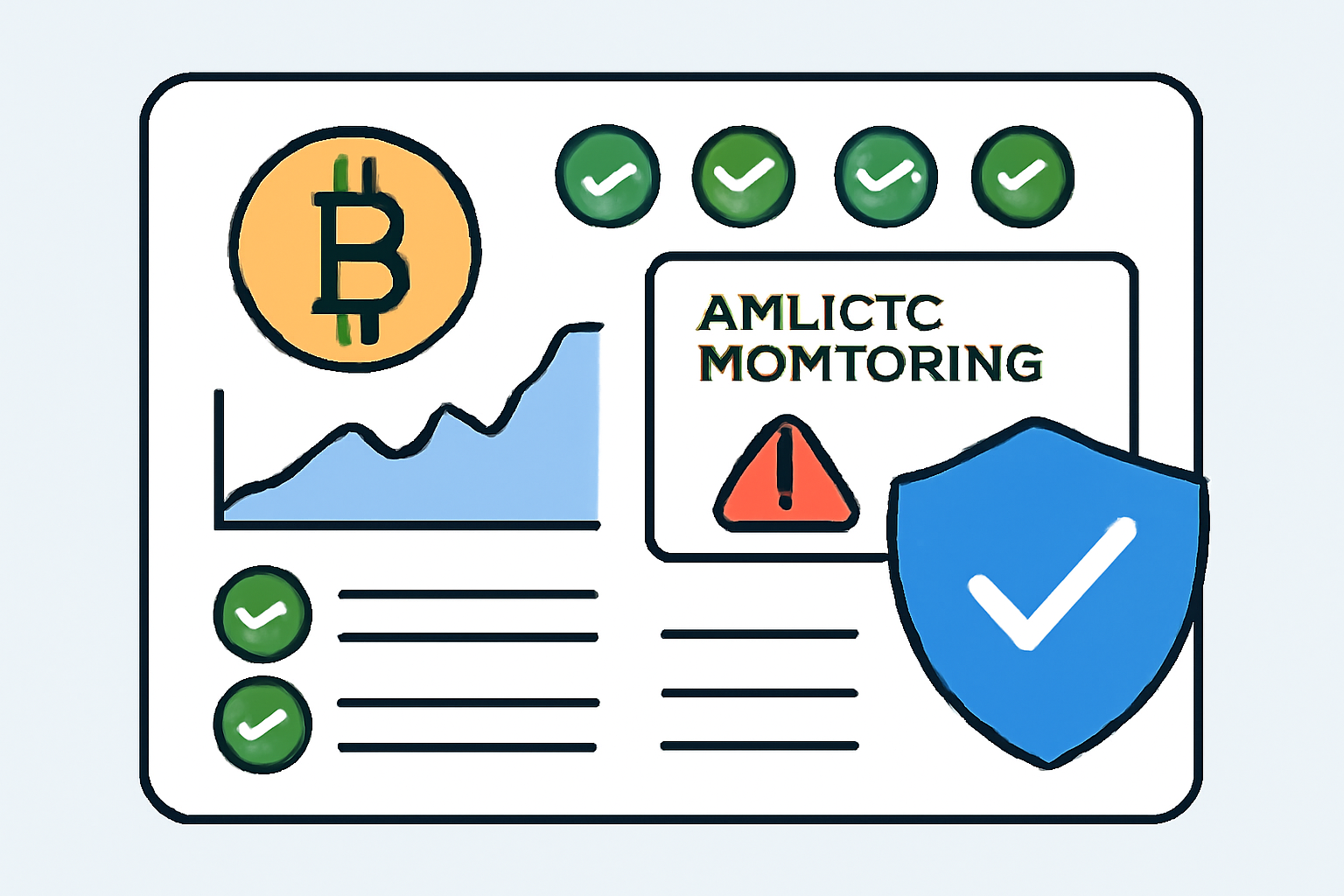 A secure crypto dashboard with AML/CTF monitoring alerts and compliance checkmarks, with a shield icon representing security.