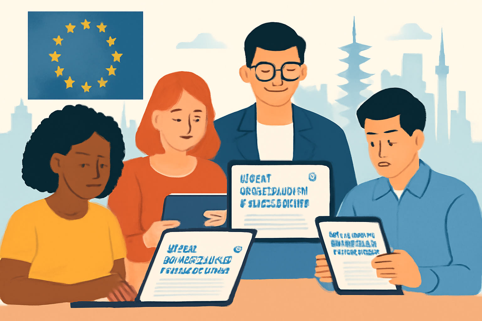 A diverse group of people studying digital regulations and compliance documents on laptops and tablets, with EU and Asian cityscapes in the background, modern, educational, professional.